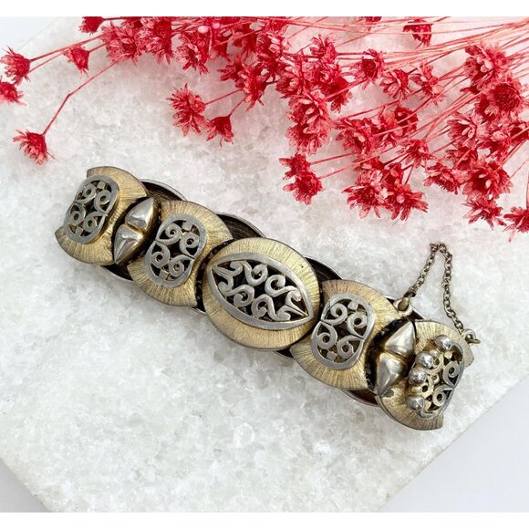 Vintage Jewelry - Tortolani Gold Toned Brutalist  Vintage Scrollwork Open 1960's Bracelet - 7.5"